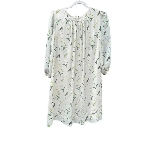 Eva Mendes Ivory & Green Leaf Floral 3/4 Sleeve Chiffon Shift Dress Size S - Picture 1 of 7
